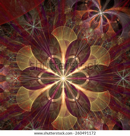 Beautiful shining abstract space flower with decorative flowers and arches surrounding it, all in red,pink,yellow colors and high resolution