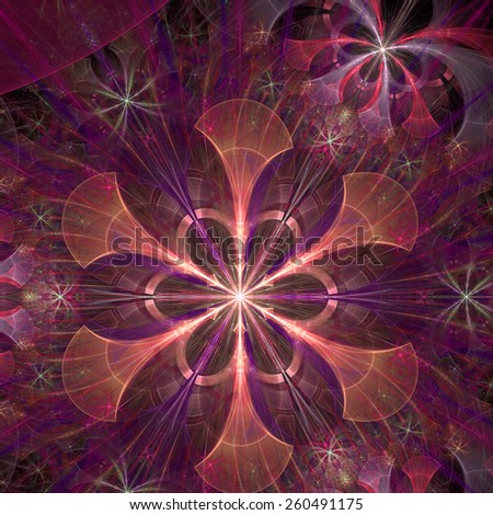 Beautiful shining abstract space flower with decorative flowers and arches surrounding it, all in pink,purple,yellow colors and high resolution