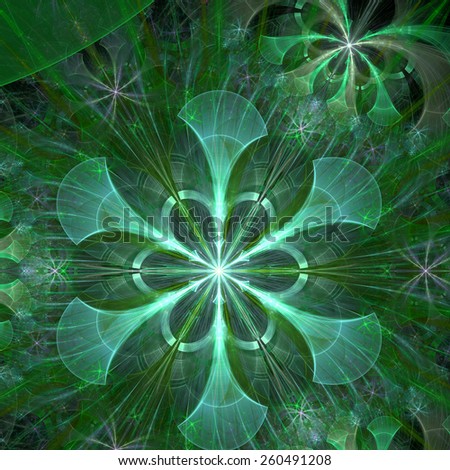 Beautiful shining abstract space flower with decorative flowers and arches surrounding it, all in green and cyan colors and high resolution