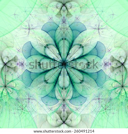 Beautiful abstract space flower with decorative flowers and arches surrounding it, all in dark pastel green,blue,purple colors