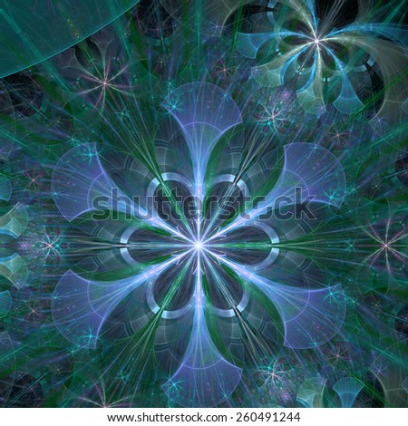 Beautiful shining abstract space flower with decorative flowers and arches surrounding it, all in green,blue,purple colors and high resolution