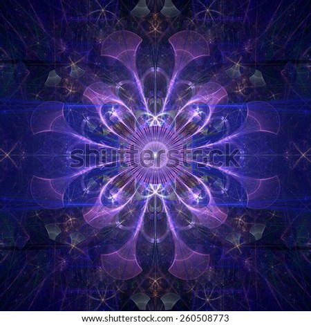 Abstract shining high resolution fractal background with an esoteric looking star/flower in the middle, all in pink and purple