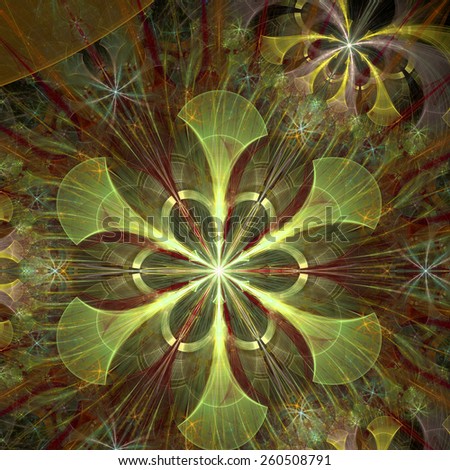 Beautiful shining abstract space flower with decorative flowers and arches surrounding it, all in shining yellow and red colors and high resolution