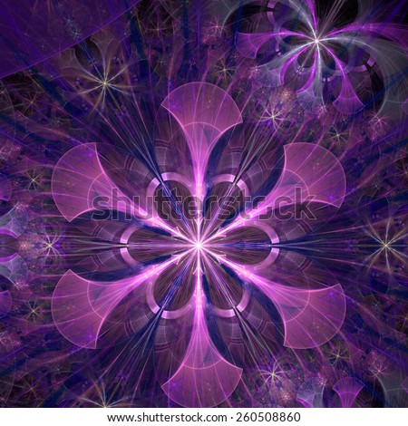 Beautiful shining abstract space flower with decorative flowers and arches surrounding it, all in shining pink and purple colors and high resolution