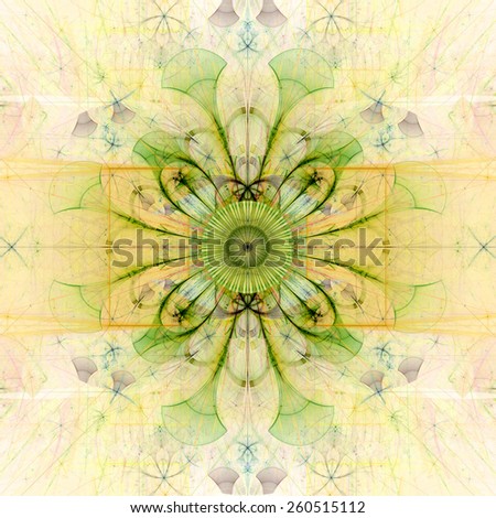 Abstract pastel colored high resolution fractal background with an esoteric looking star/flower in the middle, all in yellow and green