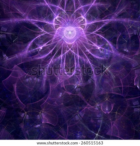Abstract shining high resolution fractal background with an esoteric looking star/flower in the middle, all in pink and purple