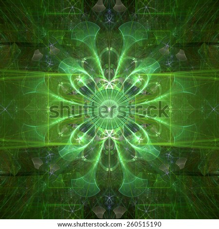 Abstract shining high resolution fractal background with an esoteric looking star/flower in the middle, all in green with a bit of yellow