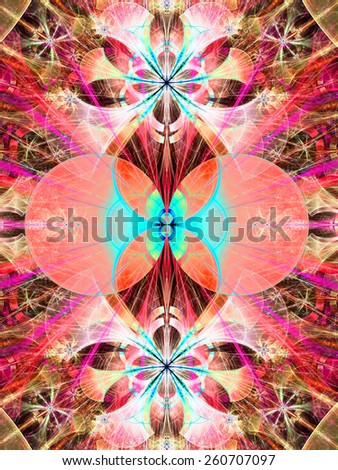 Original abstract background with a detailed bright pattern of interconnected flowers on the top and bottom and interconnected discs in the center, all in red,cyan,pink,yellow