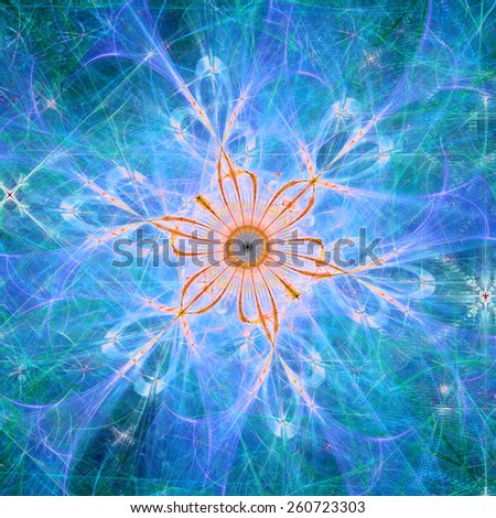 Abstract bright high resolution fractal background with a detailed abstract flower with six petals in the middle, all in blue,purple,orange