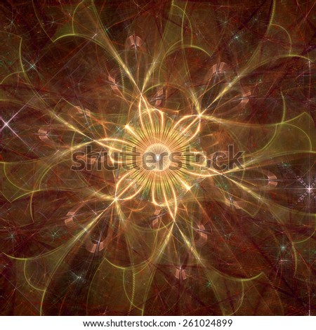Abstract shining high resolution fractal background with a detailed abstract flower with six petals in the middle, all in red and yellow