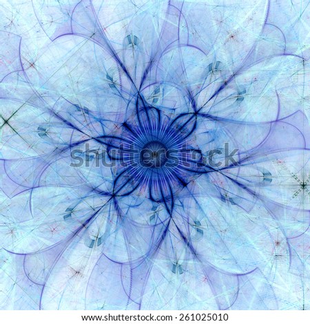 Abstract pastel colored high resolution fractal background with a detailed abstract flower with six petals in the middle, all in blue and purple