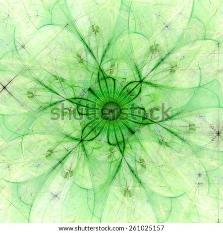 Abstract pastel colored high resolution fractal background with a detailed abstract flower with six petals in the middle, all in green and yellow