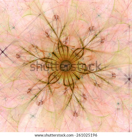 Abstract pastel colored high resolution fractal background with a detailed abstract flower with six petals in the middle, all in pink and yellow