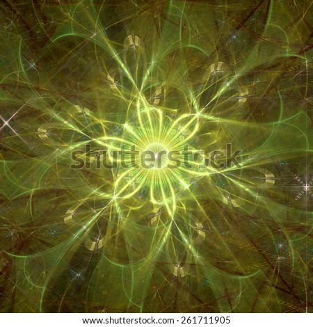 Abstract shining high resolution fractal background with a detailed abstract flower with six petals in the middle, all in green and yellow