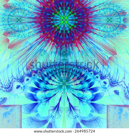 Abstract modern vivid spring fractal flower and star background flowers/stars on top and a larger flower on the bottom with decorative arches. All in high resolution and in blue,pink,cyan,green