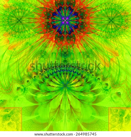 Abstract modern vivid spring fractal flower and star background flowers/stars on top and a larger flower on the bottom with decorative arches. All in  yellow,green,orange,purple colors