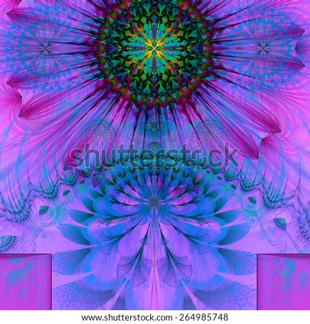 Abstract modern vivid spring fractal flower and star background flowers/stars on top and a larger flower on the bottom with decorative arches. All in high resolution and in pink,blue,yellow,green