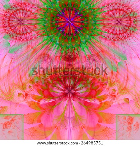 Abstract modern vivid spring fractal flower and star background flowers/stars on top and a larger flower on the bottom with decorative arches. All in high resolution and in pink,green,orange,purple