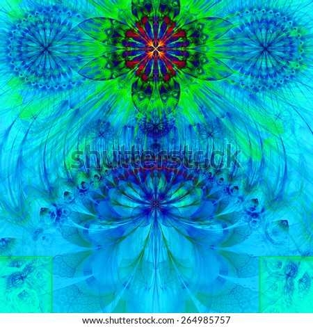 Abstract modern vivid spring fractal flower and star background flowers/stars on top and a larger flower on the bottom with decorative arches. All in high resolution and in blue,green,red,cyan