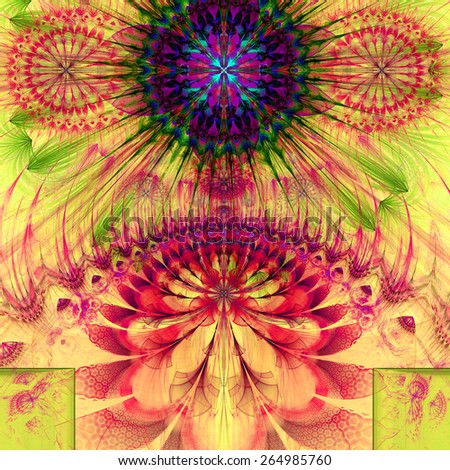 Abstract modern vivid spring fractal flower and star background flowers/stars on top and a larger flower on the bottom with decorative arches. All in high resolution and in pink,yellow,green,blue