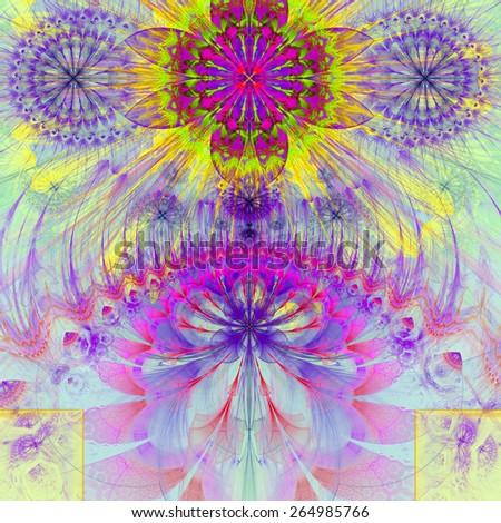 Abstract modern vivid spring fractal flower and star background flowers/stars on top and a larger flower on the bottom with decorative arches. All in high resolution and in pink,purple,yellow,green