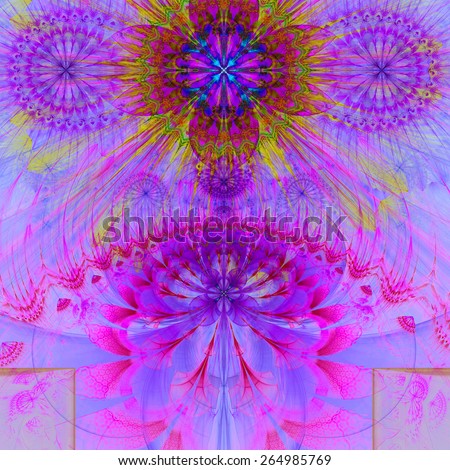 Abstract modern vivid spring fractal flower and star background flowers/stars on top and a larger flower on the bottom with decorative arches. All in high resolution and in pink,yellow,blue