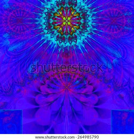 Abstract modern vivid spring fractal flower and star background flowers/stars on top and a larger flower on the bottom with decorative arches. All in high resolution and in pink,purple,teal,yellow