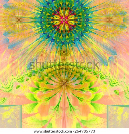 Abstract modern vivid spring fractal flower and star background flowers/stars on top and a larger flower on the bottom with decorative arches. All in high resolution and in pink,yellow,blue,green