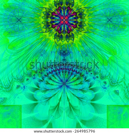 Abstract modern vivid spring fractal flower and star background flowers/stars on top and a larger flower on the bottom with decorative arches. All in high resolution and in green,blue,pink colors