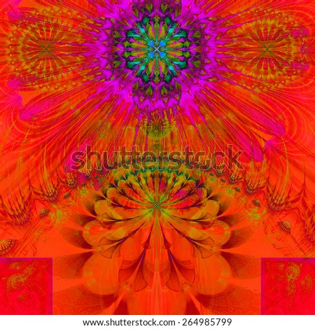 Abstract modern vivid spring fractal flower and star background flowers/stars on top and a larger flower on the bottom with decorative arches. All in high resolution and in red,yellow,pink,green