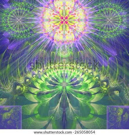 Abstract modern vivid shining spring fractal flower and star background flowers/stars on top and a larger flower on the bottom with decorative arches.In high resolution and in yellow,green,purple,pink