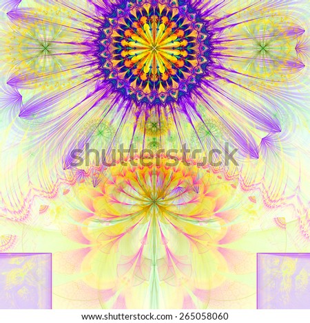 Abstract modern vivid pastel fractal flower and star background flowers/stars on top and a larger flower on the bottom with decorative arches. All in high resolution and in yellow,pink,purple