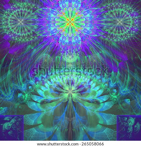 Abstract modern vivid shining spring fractal flower and star background flowers/stars on top and a larger flower on the bottom with decorative arches.In high resolution and in blue,green,purple,yellow