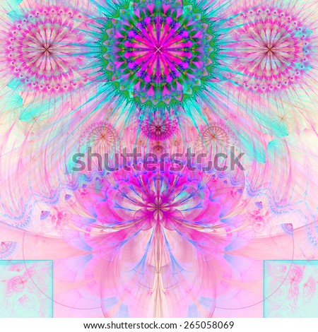 Abstract modern vivid pastel fractal flower and star background flowers/stars on top and a larger flower on the bottom with decorative arches. All in high resolution and in pink,cyan,green,blue