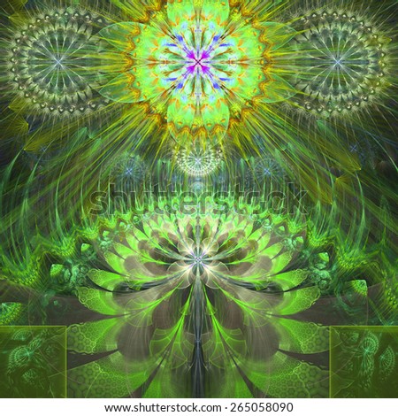Abstract modern bright shining spring fractal flower and star background flowers/stars on top and a larger flower on the bottom with decorative arches.All in high resolution and in yellow,green,purple