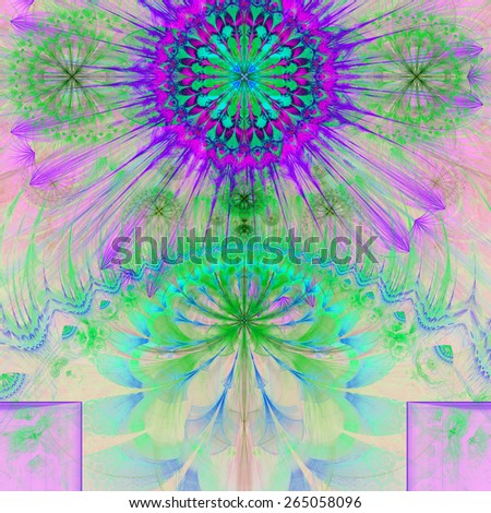 Abstract modern vivid pastel fractal flower and star background flowers/stars on top and a larger flower on the bottom with decorative arches. All in high resolution and in pink,green,blue,teal