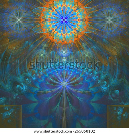 Abstract modern bright shining spring fractal flower and star background flowers/stars on top and a larger flower on the bottom with decorative arches. All in high resolution and in blue,cyan,orange
