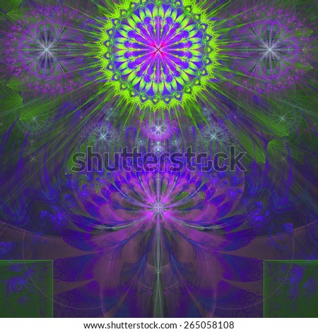 Abstract modern bright shining spring fractal flower and star background flowers/stars on top and a larger flower on the bottom with decorative arches. All in high resolution and in pink,purple,green