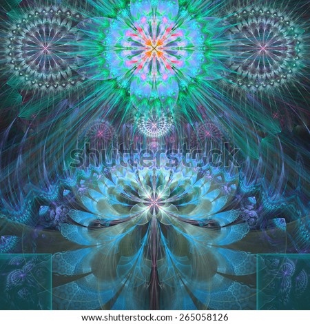 Abstract modern bright shining spring fractal flower and star background flowers/stars on top and a larger flower on the bottom with decorative arches. All in high resolution and in blue,pink,green