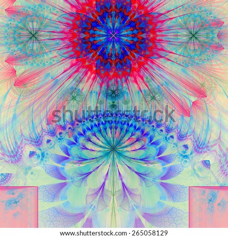 Abstract modern vivid pastel fractal flower and star background flowers/stars on top and a larger flower on the bottom with decorative arches. All in high resolution and in red,pink,blue
