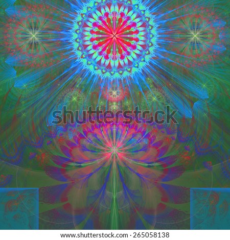 Abstract modern vivid shining spring fractal flower and star background flowers/stars on top and a larger flower on the bottom with decorative arches. In high resolution in blue,green,pink,purple,cyan