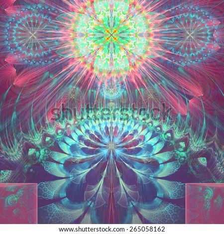 Abstract modern vivid shining spring fractal flower and star background flowers/stars on top and a larger flower on the bottom with decorative arches. In high resolution and in cyan,blue,pink,green