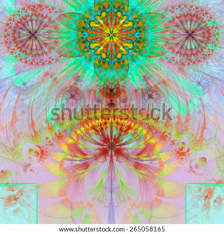 Abstract modern vivid spring fractal flower and star background flowers/stars on top and a flower on the bottom with decorative arches. All in high resolution and in red,yellow,green,cyan