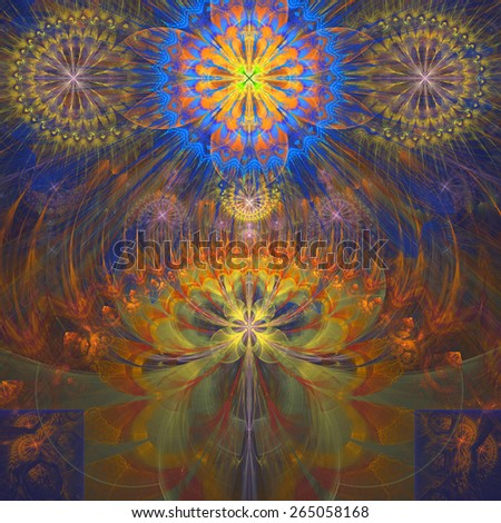 Abstract modern bright shining spring fractal flower and star background flowers/stars on top and a larger flower on the bottom with decorative arches. All in high resolution and in yellow,orange,blue