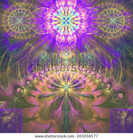 Abstract modern vivid shining spring fractal flower and star background flowers/stars on top and a larger flower on the bottom with decorative arches.In high resolution and in pink,yellow,purple,green