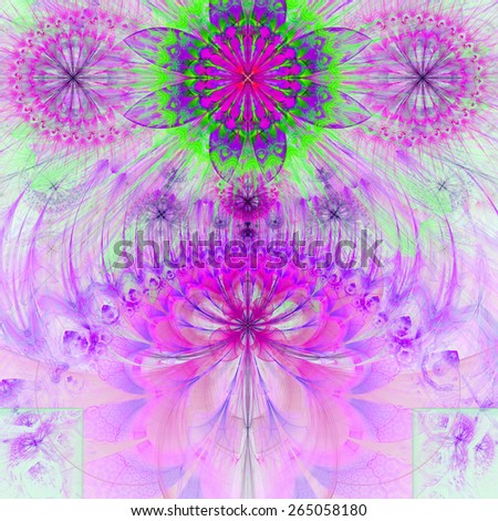 Abstract modern vivid pastel fractal flower and star background flowers/stars on top and a larger flower on the bottom with decorative arches. All in high resolution and in pink and green