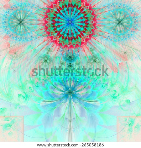 Abstract modern vivid pastel fractal flower and star background flowers/stars on top and a larger flower on the bottom with decorative arches. All in high resolution and in cyan,green,red