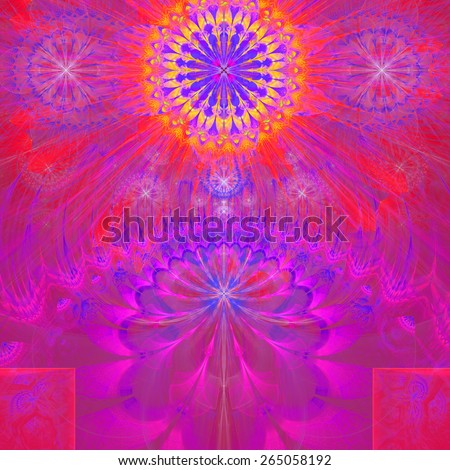 Abstract modern vivid spring fractal flower and star background flowers/stars on top and a flower on the bottom with decorative arches. All in high resolution and in pink,purple,yellow