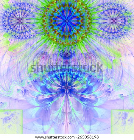 Abstract modern vivid pastel fractal flower and star background flowers/stars on top and a larger flower on the bottom with decorative arches. All in high resolution and in purple,green,blue,red