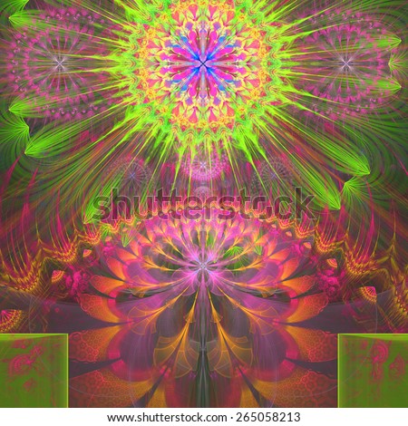 Abstract modern vivid shining spring fractal flower and star background flowers/stars on top and a larger flower on the bottom with decorative arches. In high resolution and in pink,yellow,green,blue